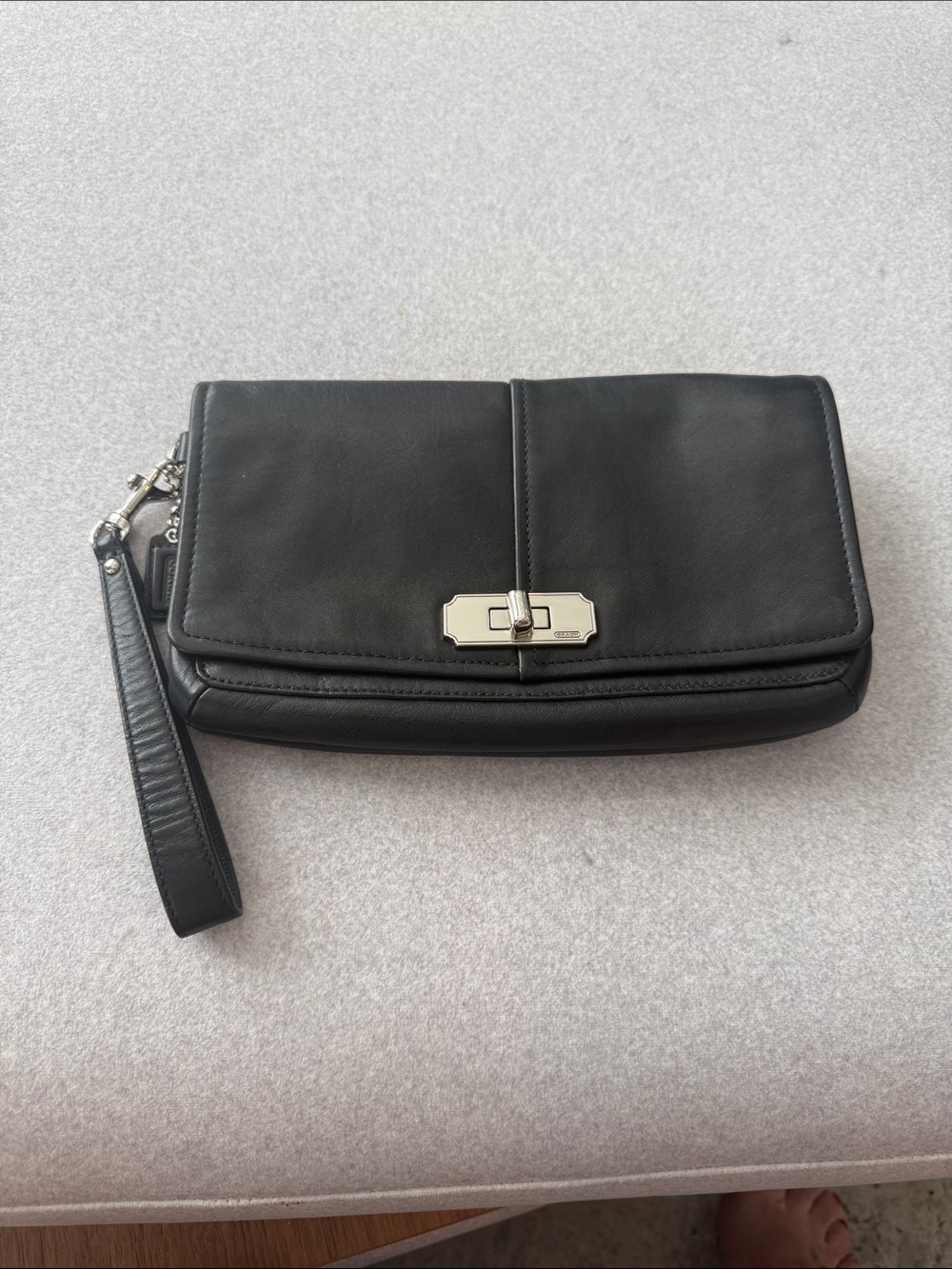 Coach Black Leather Turn-Lock Wristlet Clutch